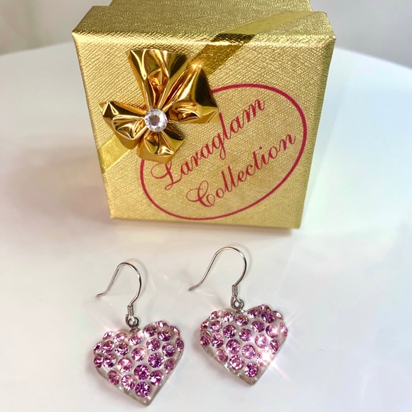 Women’s heart shape transparent acrylic earrings embellished with pink crystals - Picture 12 of 12